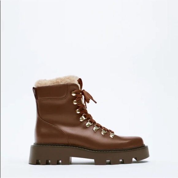 Zara pure leather Chocolate Lace-Up Boots with Shearling - Picture 2 of 4